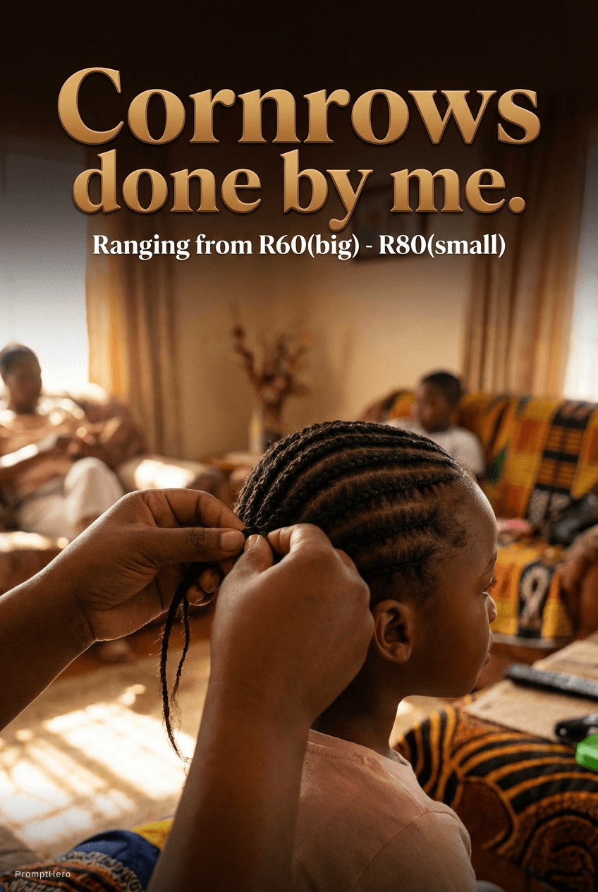AI generated: Cornrows done by me. Ranging from R60(big) - R80(small)