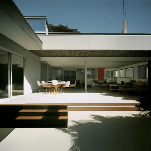 AI generated: Hyper realistic eye level exterior photo of a mid century modern style house overlooking the ocean, ...
