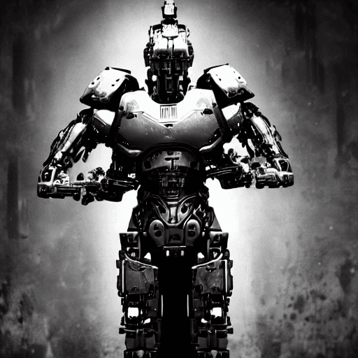 AI generated: half-mechanical cyborg male warrior, looking at camera, dark lighting, sci-fi, hollywood style, blac...