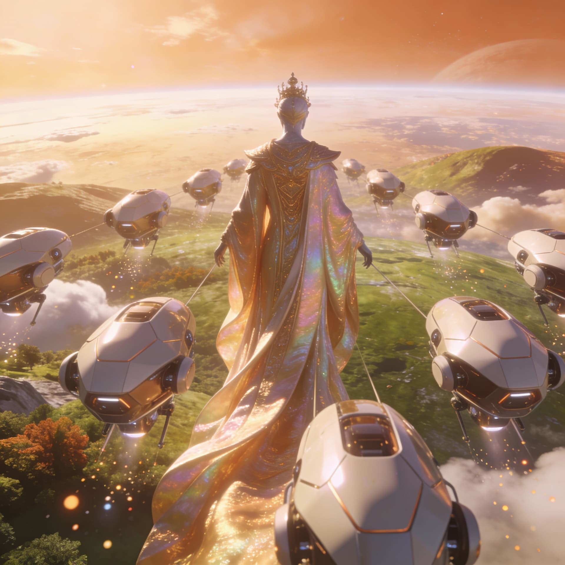 AI generated: Create a visual, show these forces as a peaceful invasion occupying force upon a planet. The figure ...