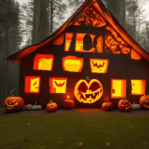 AI generated: Halloween cabin in the woods from a person's perspective arriving at the premise. There is a main bu...