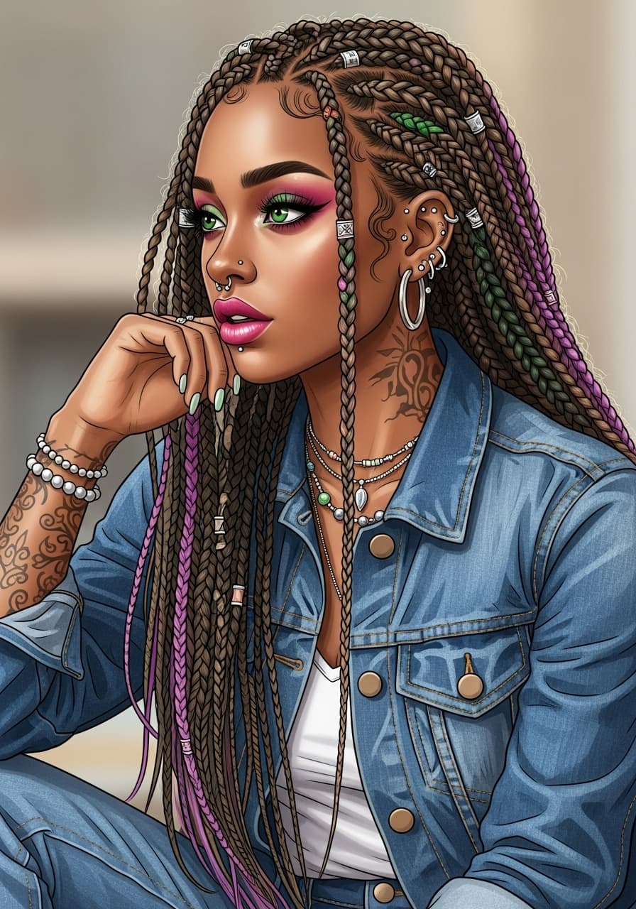 AI generated: 1girl, solo, jewelry, tattoo, earrings, multicolored_hair, bracelet, braid, long_hair, green_eyes, p...