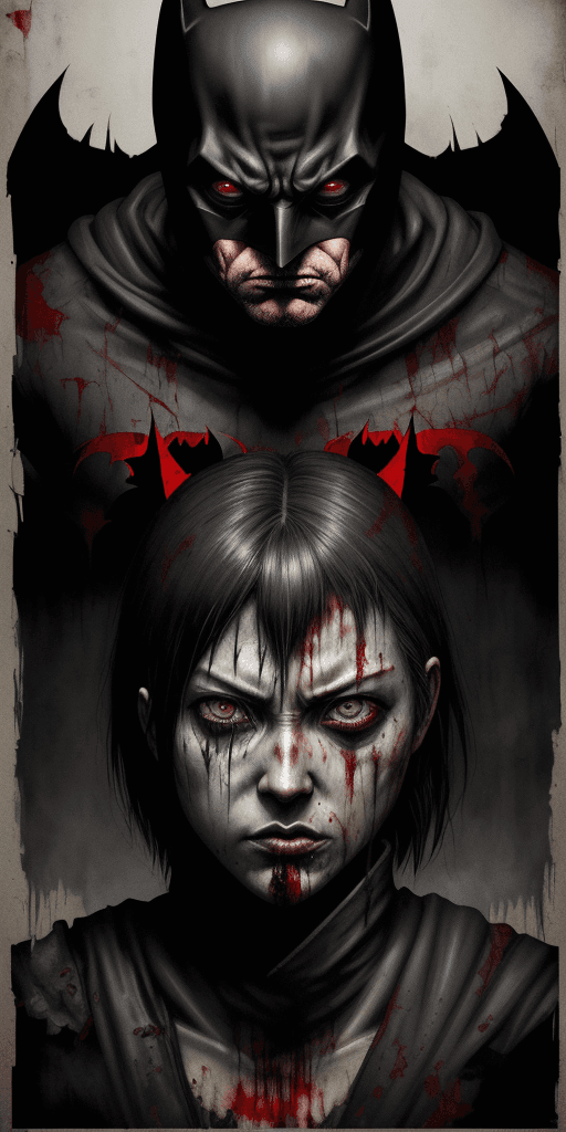 AI generated: silent hill style comic book, Japanese gorecore type. A 16k poster with of the Evil Vanquished Batma...