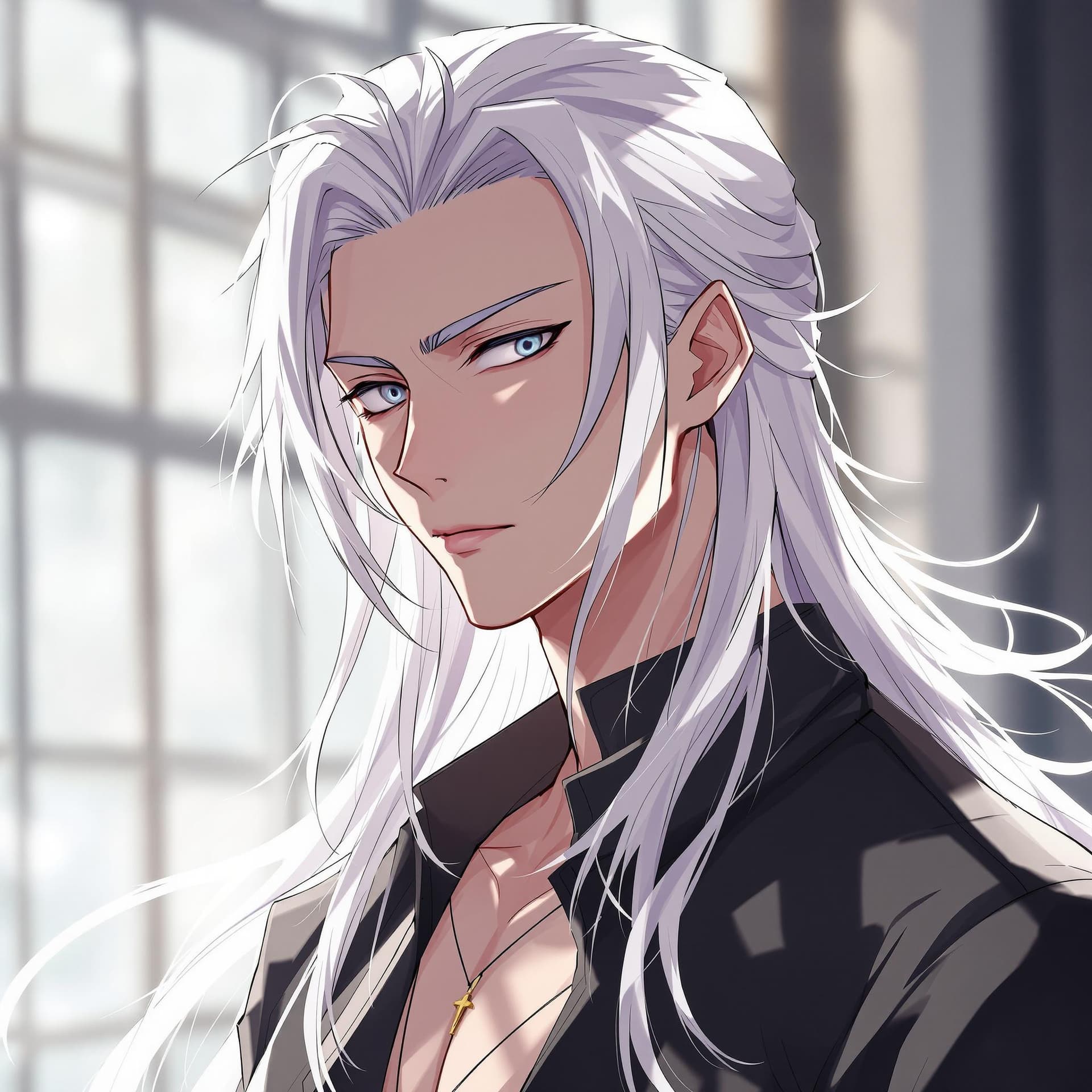 AI generated: a man with long hair,extremely pale and handsome,super slim anime style