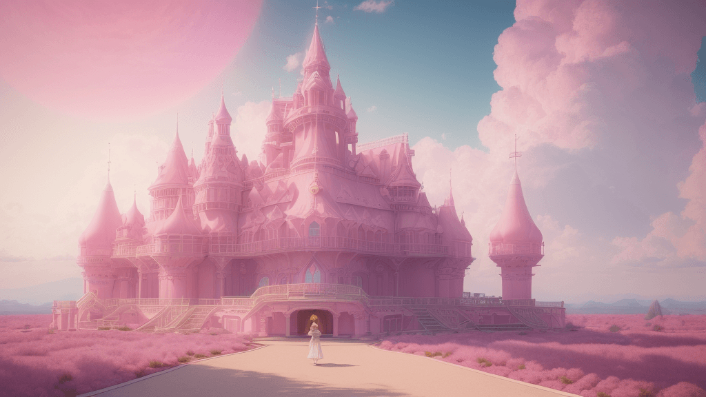 AI generated: a path to a dream crystal pink castle, clouds like Marshmallow, the image is like beautiful dream, p...