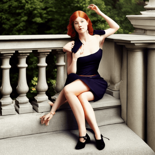 AI generated: A auburn haired woman sits gracefully on a stone balustrade with a decorative metal railing, turned ...