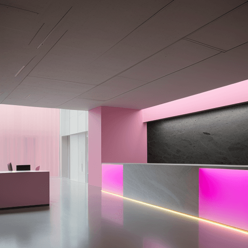 AI generated: architectural photography, perspective, interior space, vertical light panels transition from pink t...