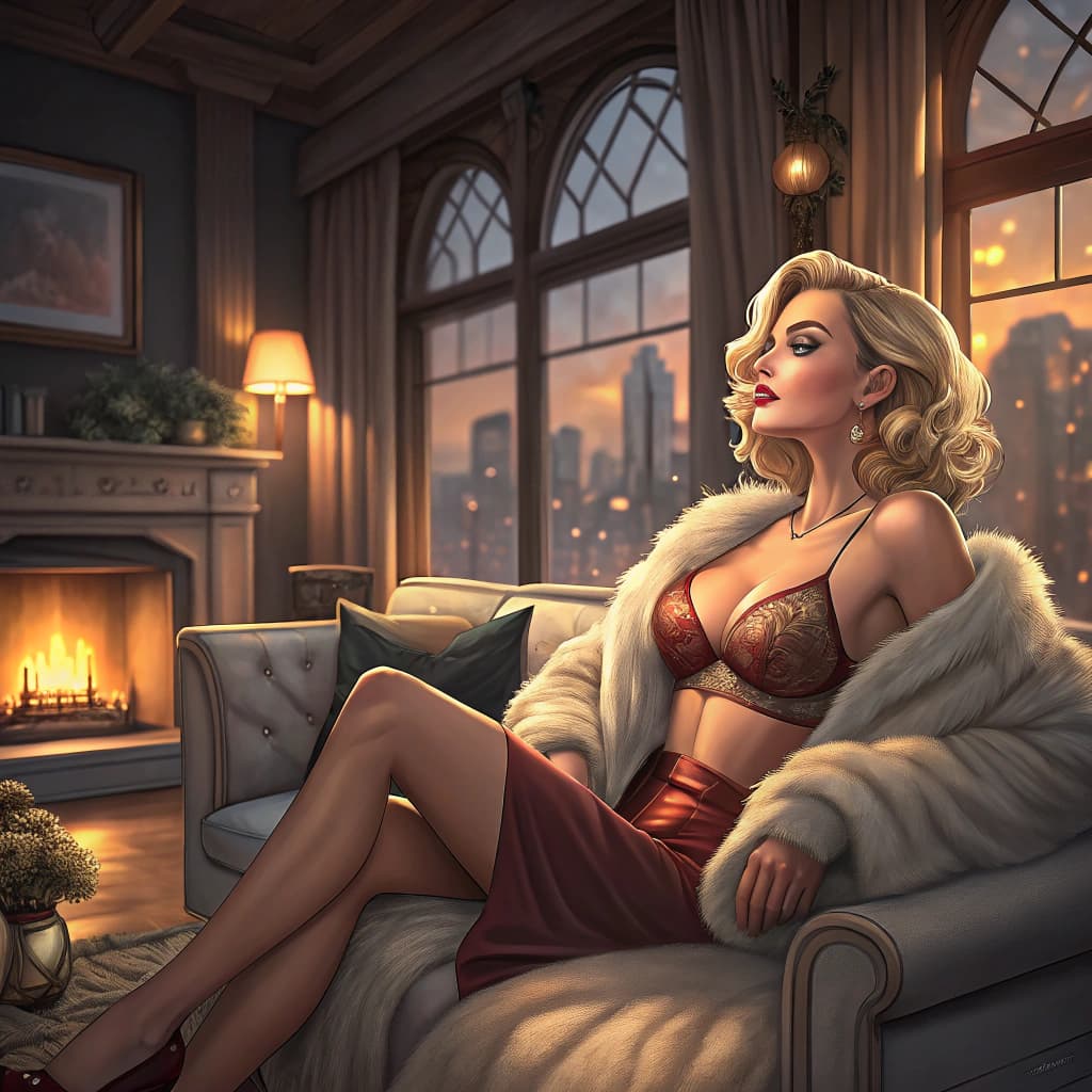 AI generated: A blonde bombshell mom, she wears revealing clothes, she is in a cozy warm penthouse sitting on the ...