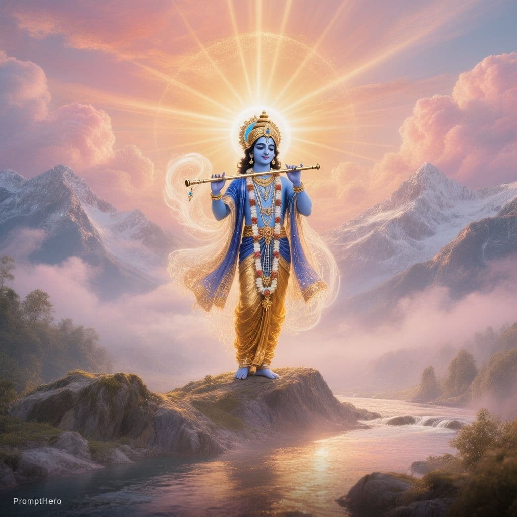 AI generated: A divine cinematic background image of Lord Krishna standing gracefully on a majestic mountain peak ...