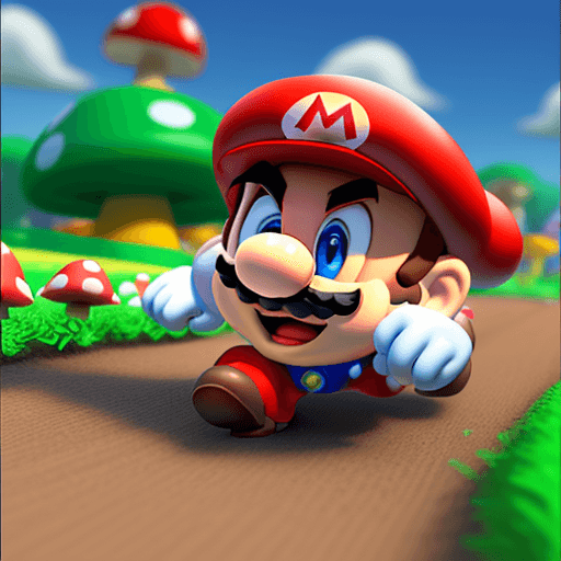 AI generated: Super-Mario running, Mushroom Kingdom background, 32k, closeup, trending on poltcount 3D, game --v 5...