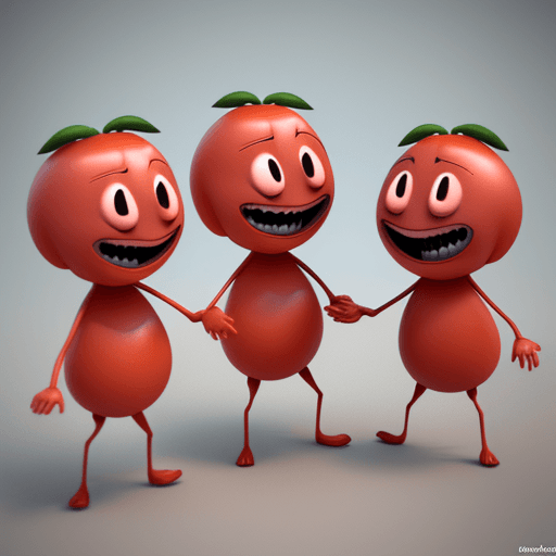AI generated: Hyper realistic 3d render of 3 little tomatomans talking and laughing , weird, funny, absurd