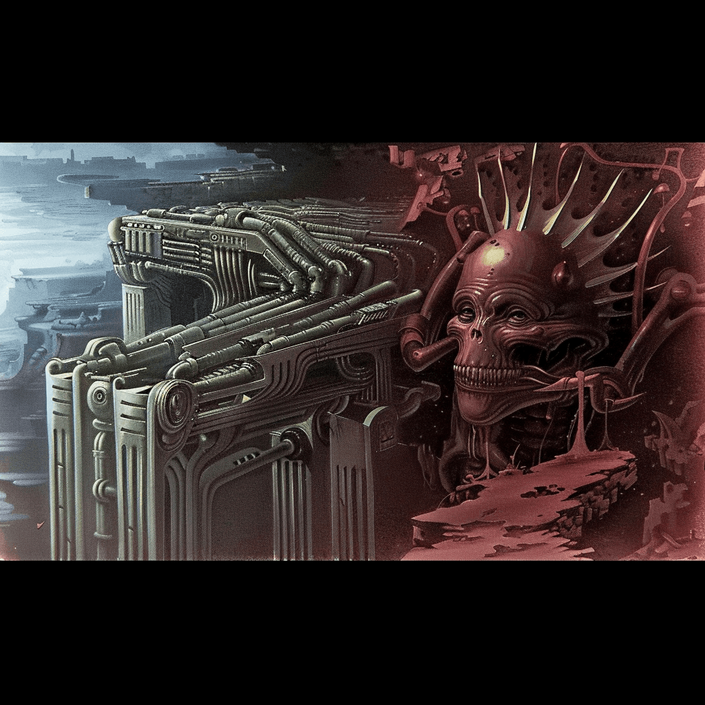 AI generated: A large detailed intricate 3D wall with metal and tubes, on the right side of it is an alien skull w...