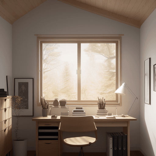 AI generated: A cozy Scandinavian home office, natural oak desk, ambient lighting from a floor-to-ceiling window, ...
