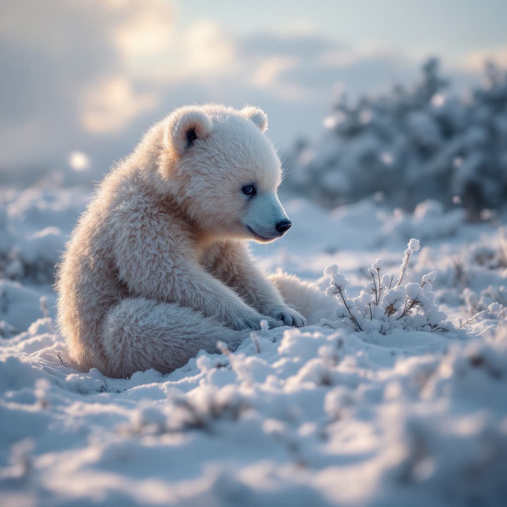AI generated: a small baby bear in white snow with a cold chilly weather with low hanging clouds