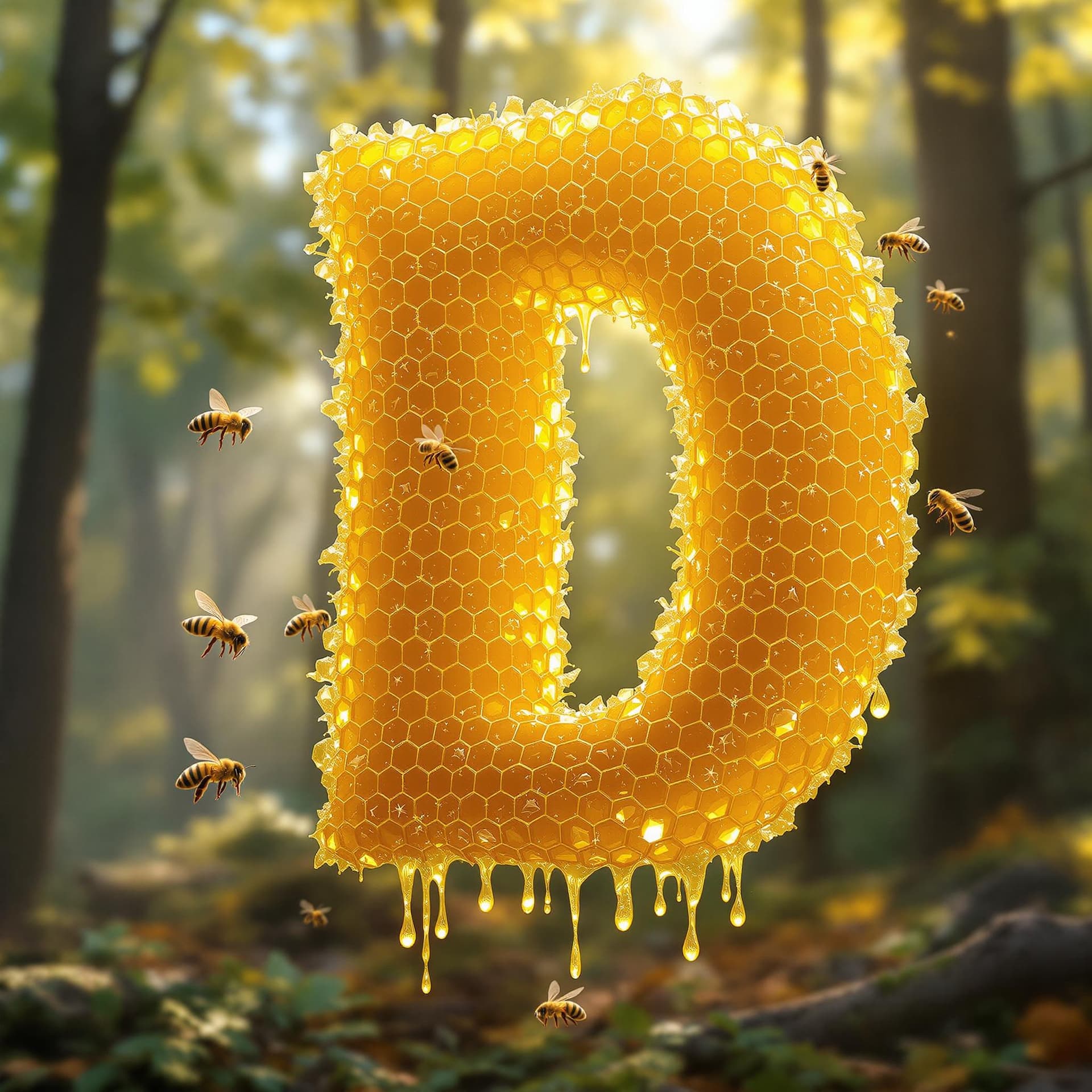 AI generated: A highly detailed D shaped from golden honeycomb structures, with crystallized dripping honey, buzzi...