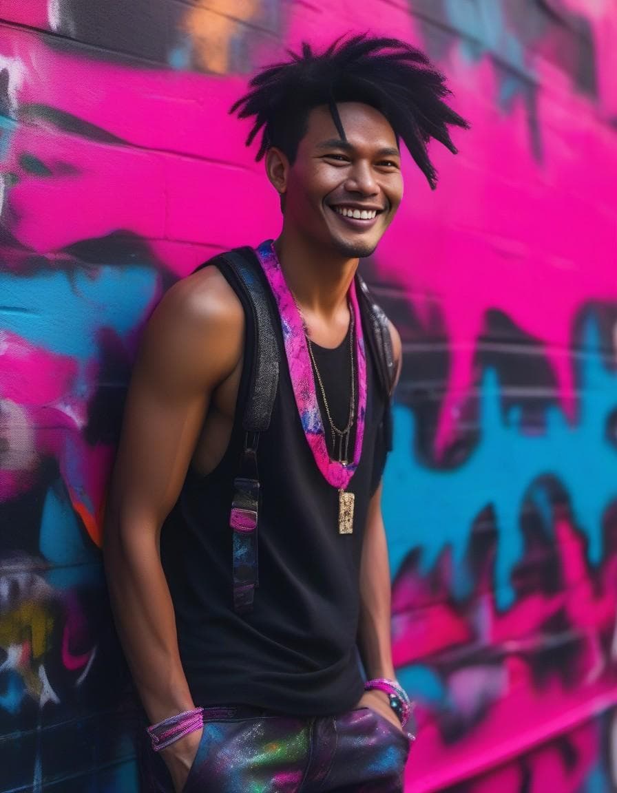 AI generated: The musician meets street art, Telephoto lens shot of energetic French artist, graffiti style, in ne...