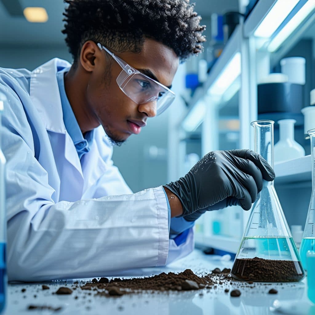 AI generated: Image of a young african, working a well lit wet chemistry laboratory. putting on a lab coat and glo...