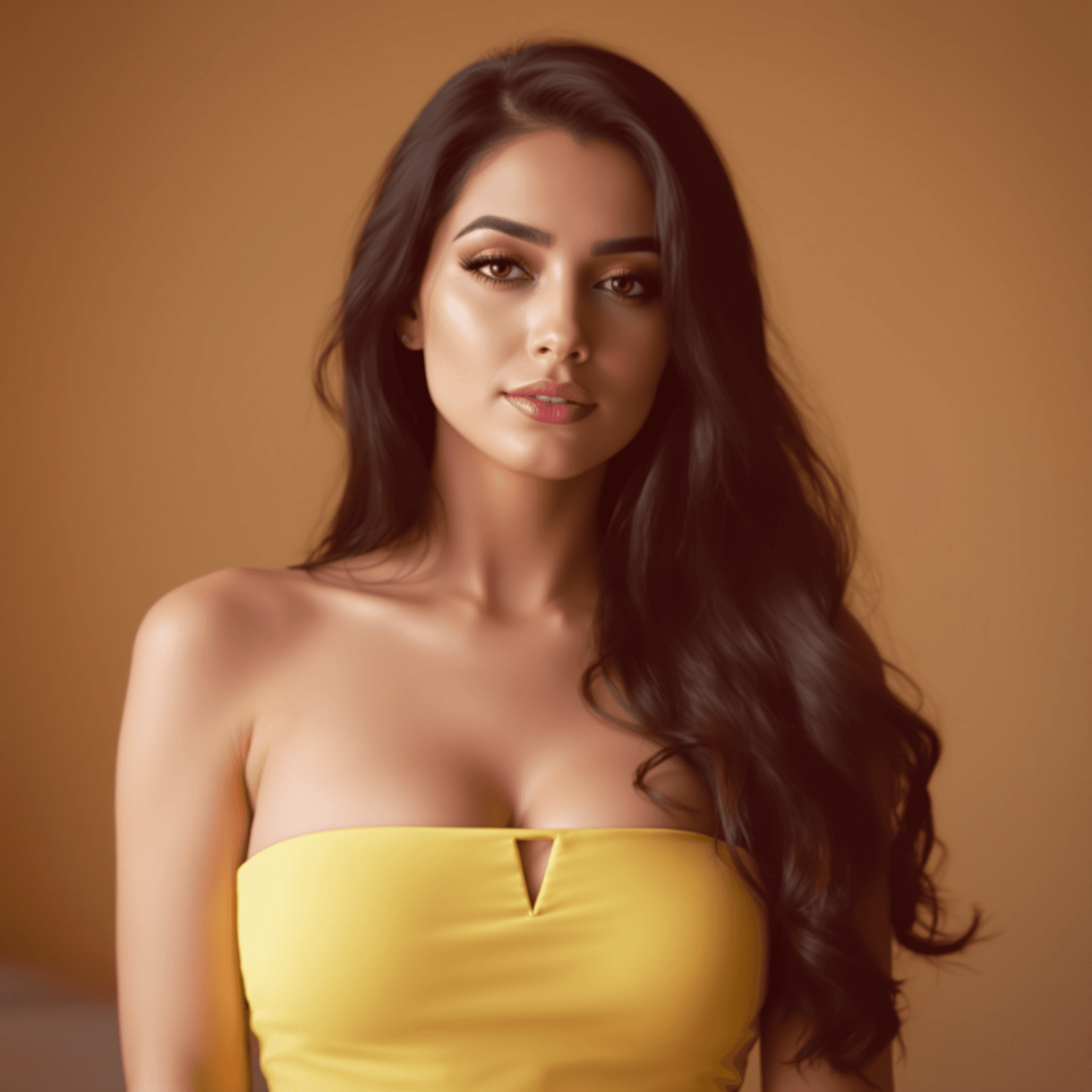 AI generated: "A woman with long dark hair, wearing a yellow sleeveless strappy dress, posing with a serene expres...