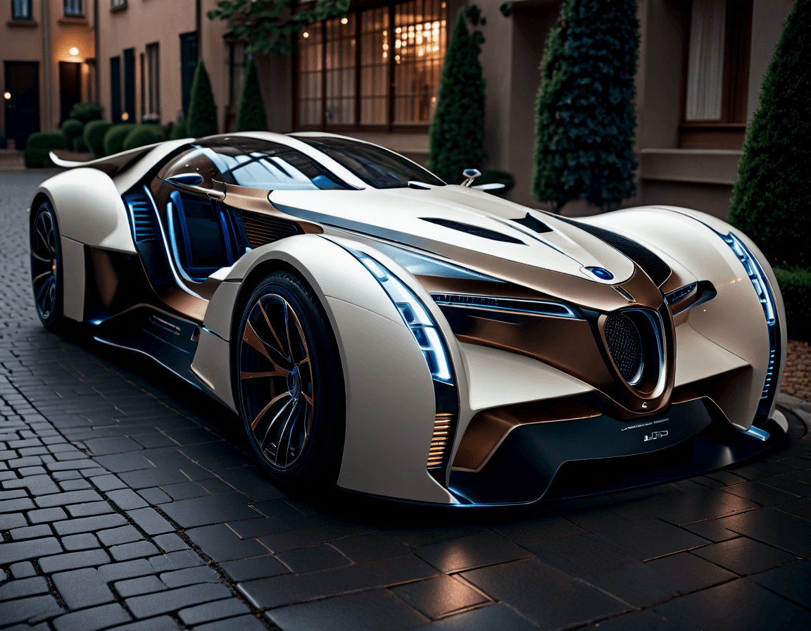 AI generated: The image features a stunningly beautiful, futuristic, out-of-the box, sports car parked on a brick ...