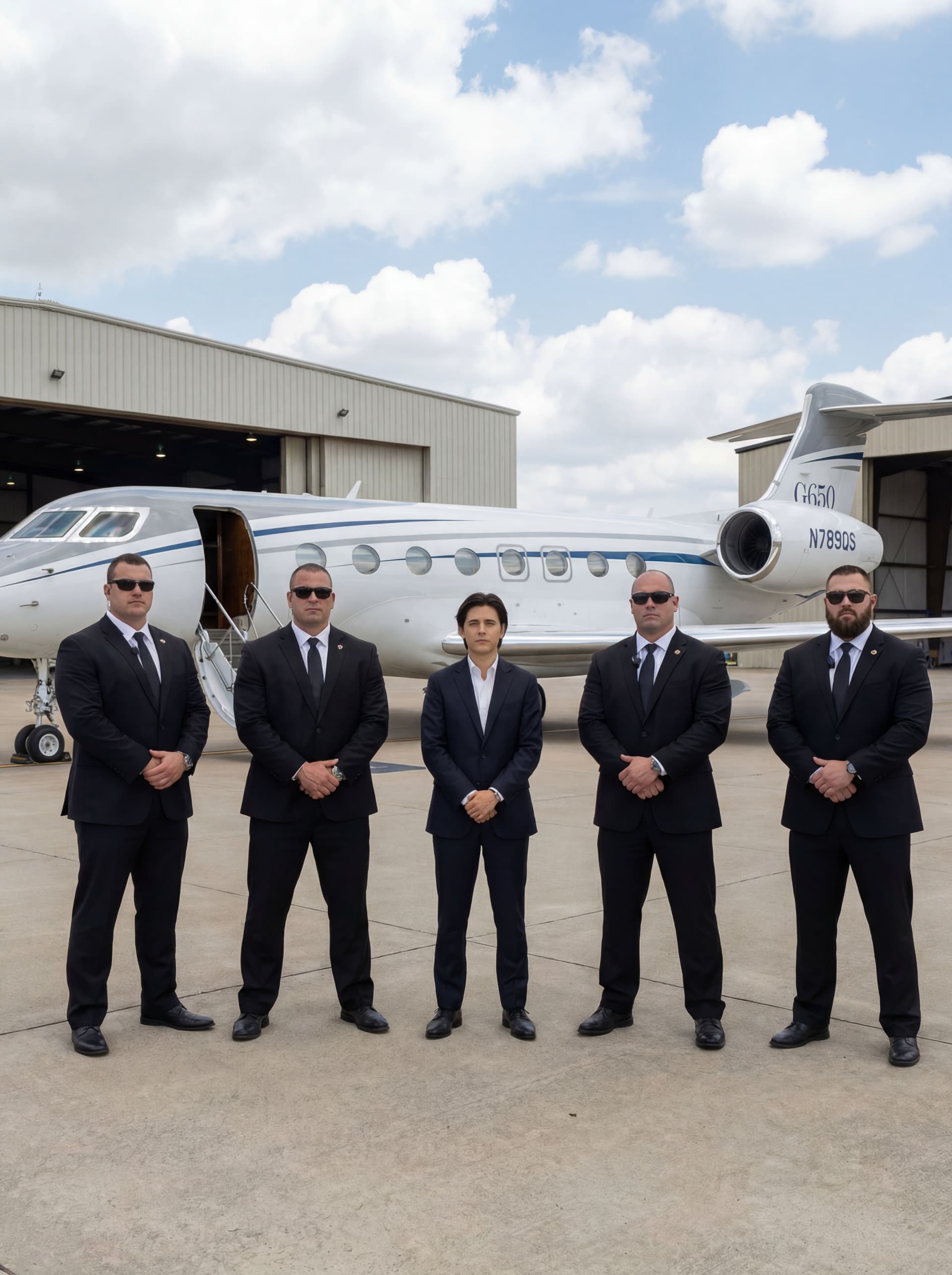 AI generated: Take my photo from the labrary and add it to the image you already created with bodyguards in front ...