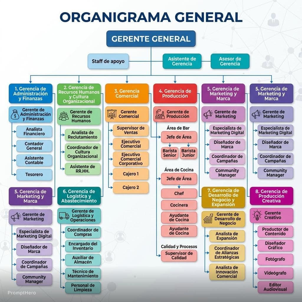 AI generated: ORGANIGRAMA GENERAL
GERENTE GENERAL
Staff de apoyo
Asistente de Gerencia
Asesor de Gerencia
1. Geren...