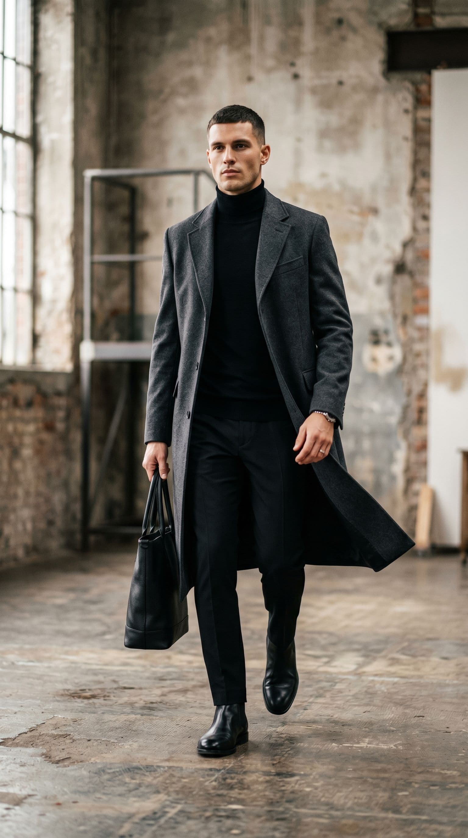 AI generated: Create a fashion image of a male model dressed in a long, tailored coat layered over a monochrome ou...