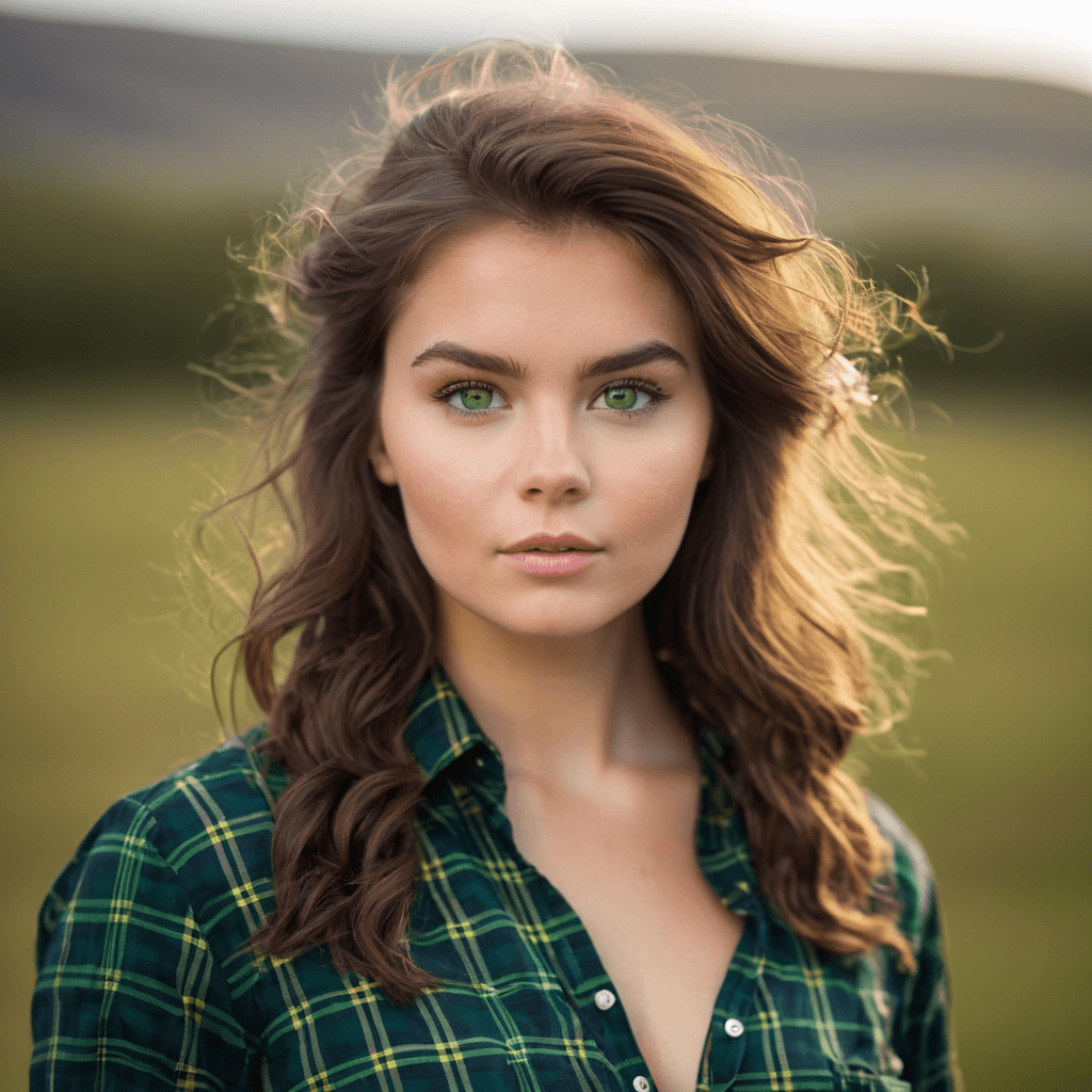 AI generated: A half Body Photo of a beautiful brunette Scottish girl, green eyes, messy beehive hair style, natur...