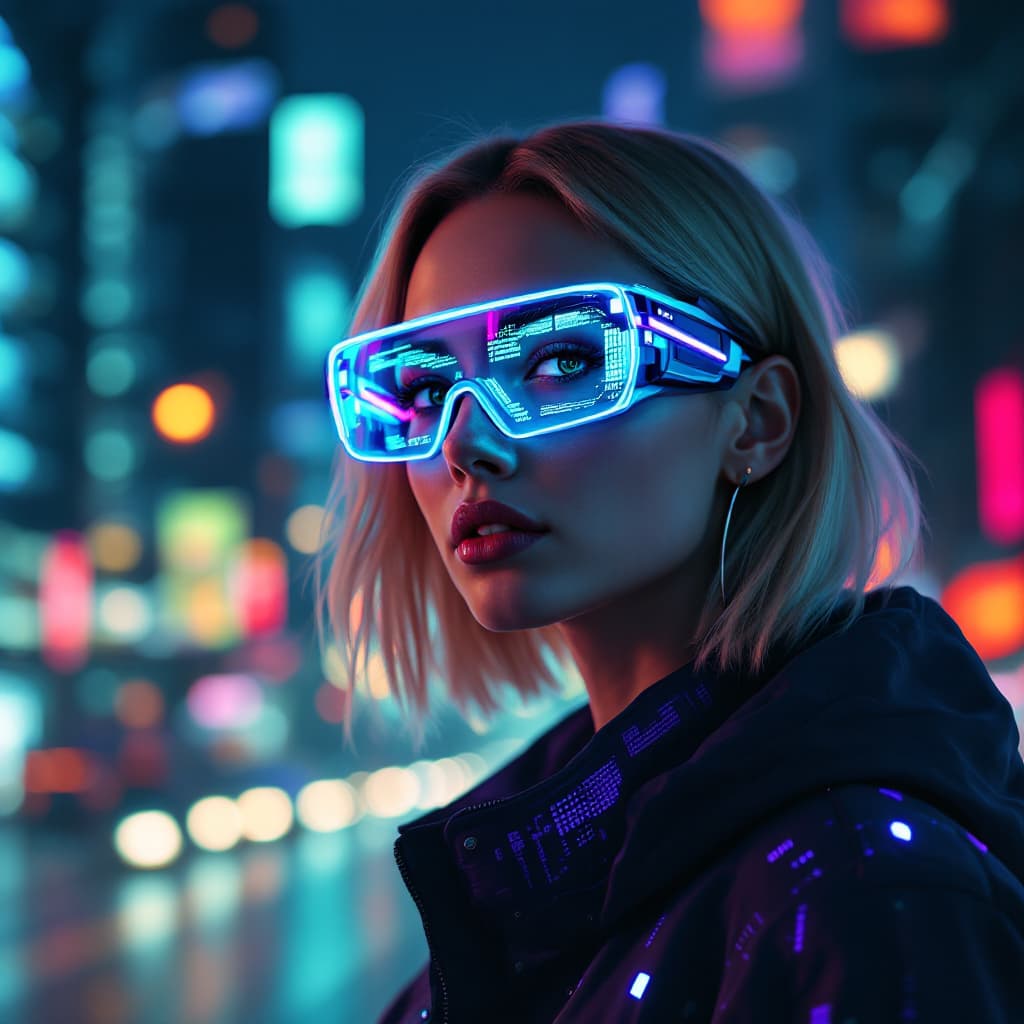 AI generated: A futuristic digital illustration features a woman wearing augmented reality glasses in a vibrantly ...