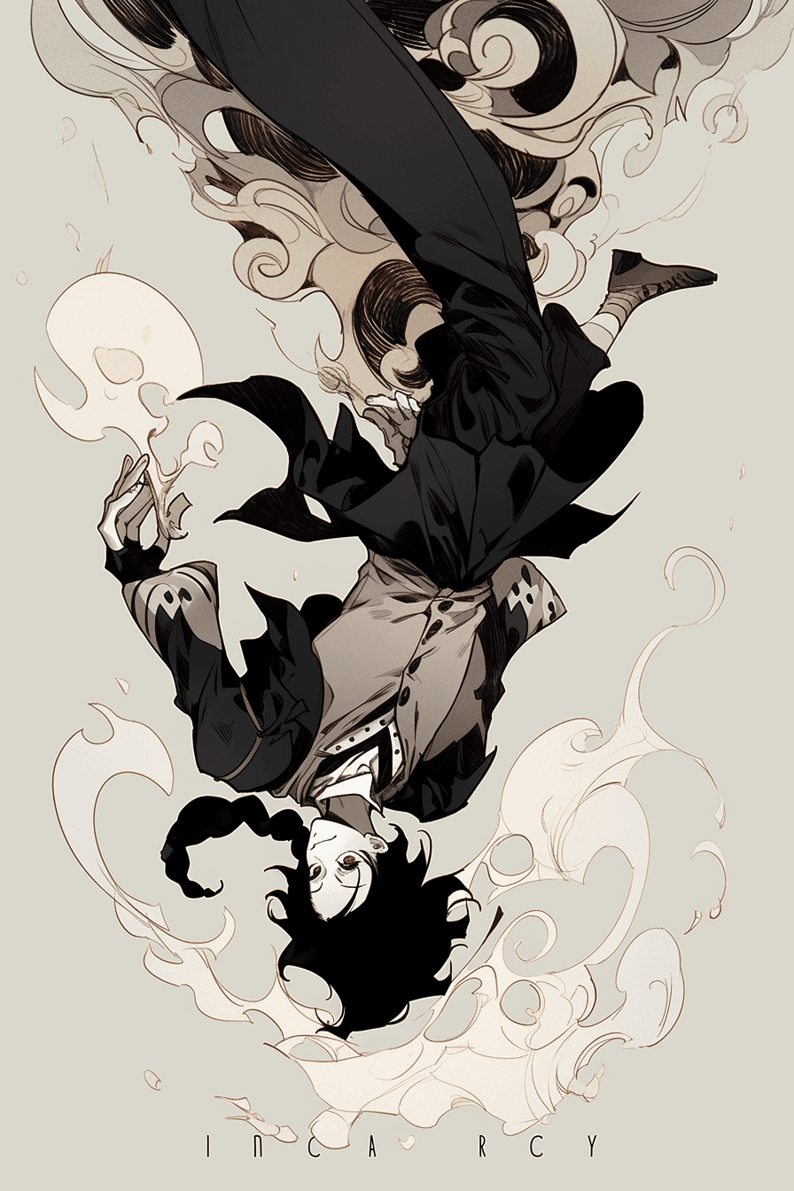 AI generated: A skilled acrobat performing gravity-defying tricks, with sleek black hair, tilted frame shot, in th...