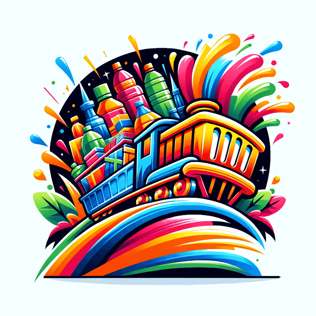 AI generated: Design a logo featuring a shopping cart in place of the train, with colorful contrasts that convey m...