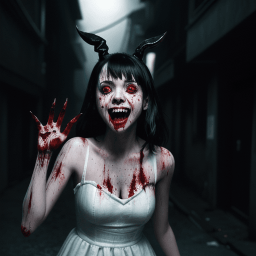 AI generated: (a sadistic girl), (wearing a blood-soaked white dress), (dark alley), (night), (raining), horror, (...