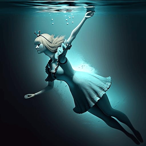 AI generated: alice sinking horizontally under water.
realistic, not creepy
looking towards the top
 arm pointing ...