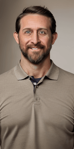 AI generated: Hyper realistic eye level 3/4 body photo of a 35 year old man, fit, lean muscle, oblong face with sy...