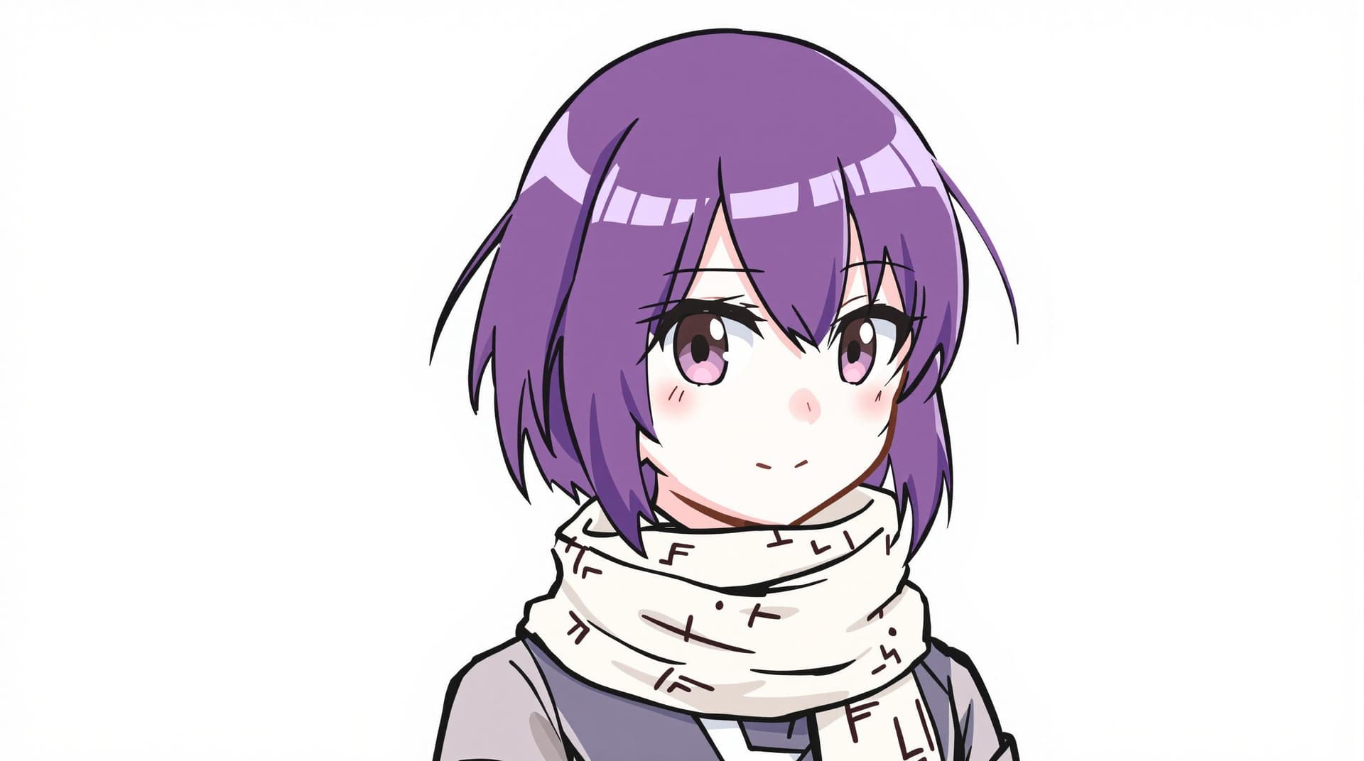 AI generated: a cartoon character with purple hair and a scarf around her neck, with a white background and a whit...