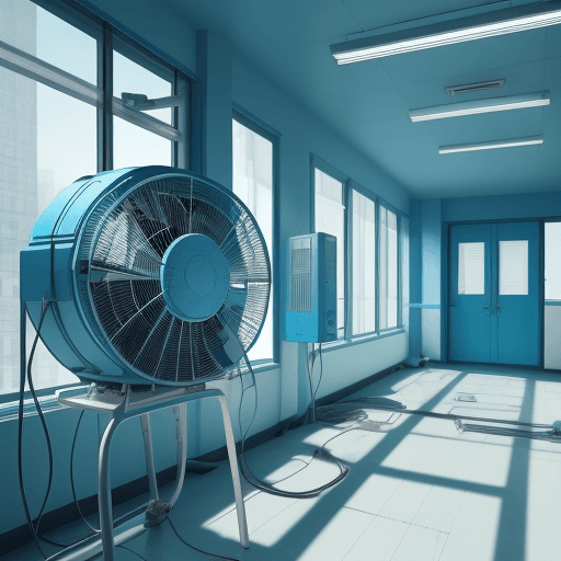 AI generated: photo of a ventilator from inside of the building with a color combination of blue white