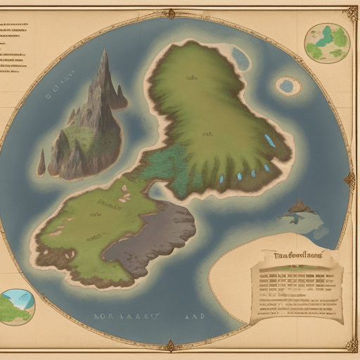 AI generated: Fantasy map, one large island in the west, three smaller islands on the east, middle island the larg...
