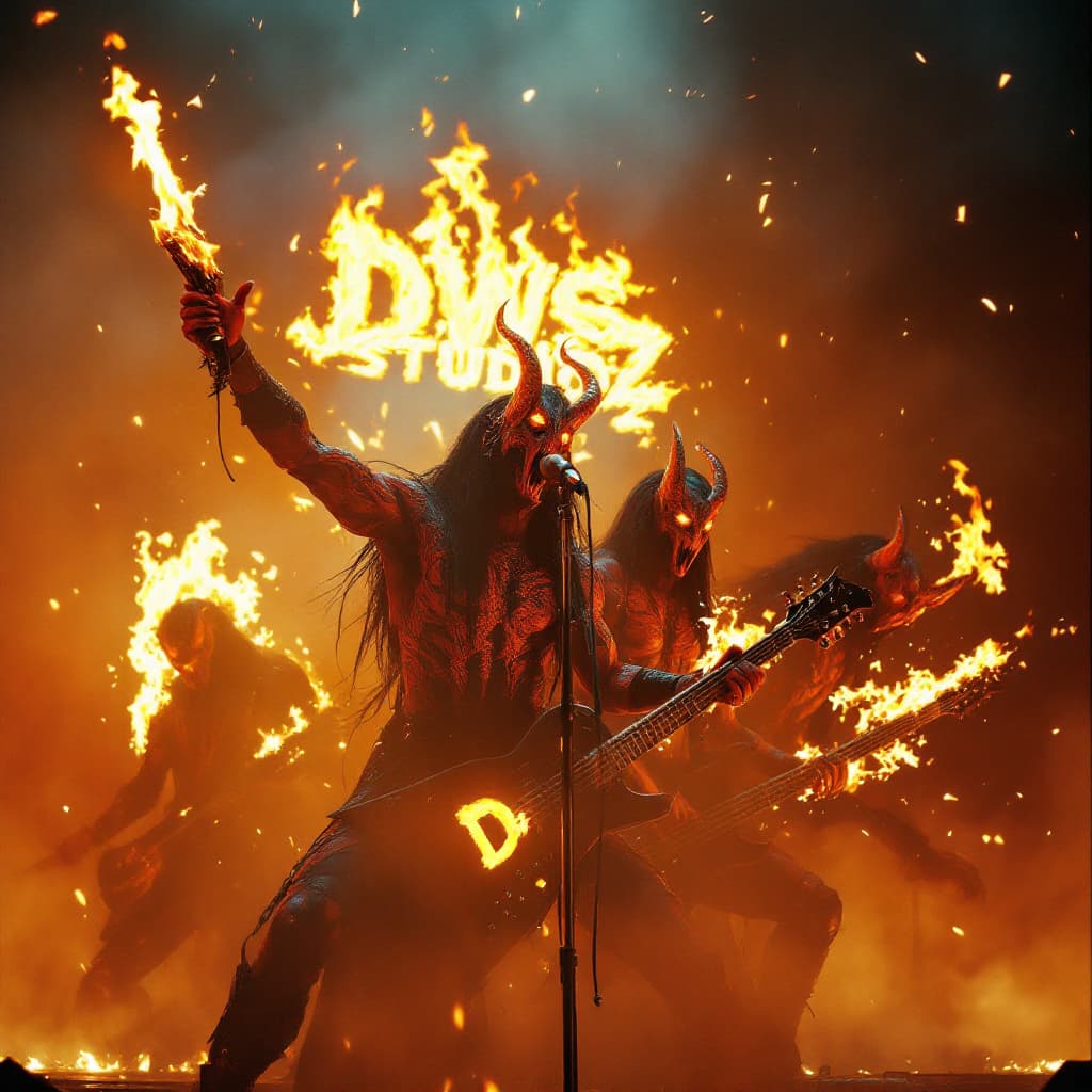 AI generated: A wide-angle concert scene, reminiscent of Beksiński’s dark mysticism and Giger’s biomechanical nigh...