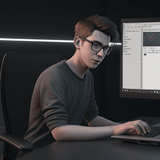 AI generated: a young man wearing glasses is using a laptop, a computer rendering by senior character artist, tren...