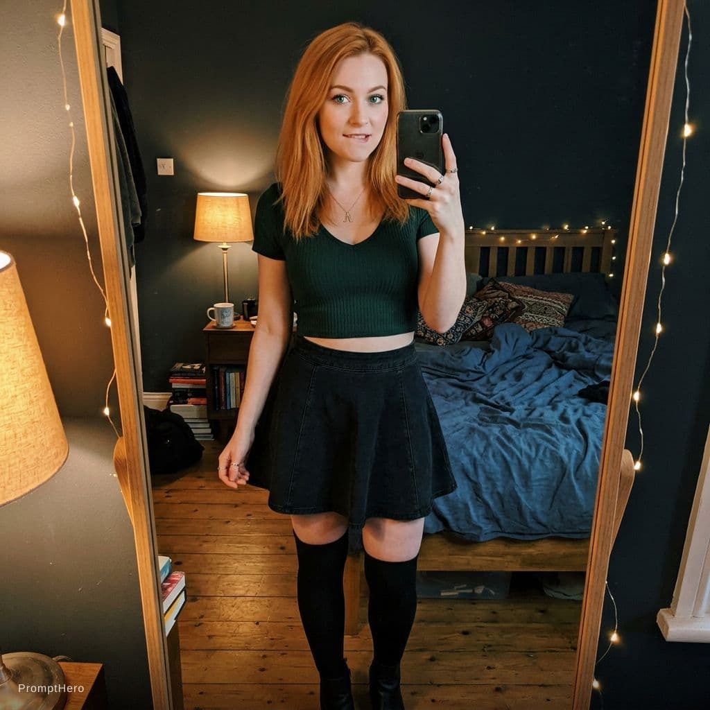 AI generated: A 21-year-old woman, bright emerald-green eyes, natural ginger/reddish-orange hair slightly longer t...