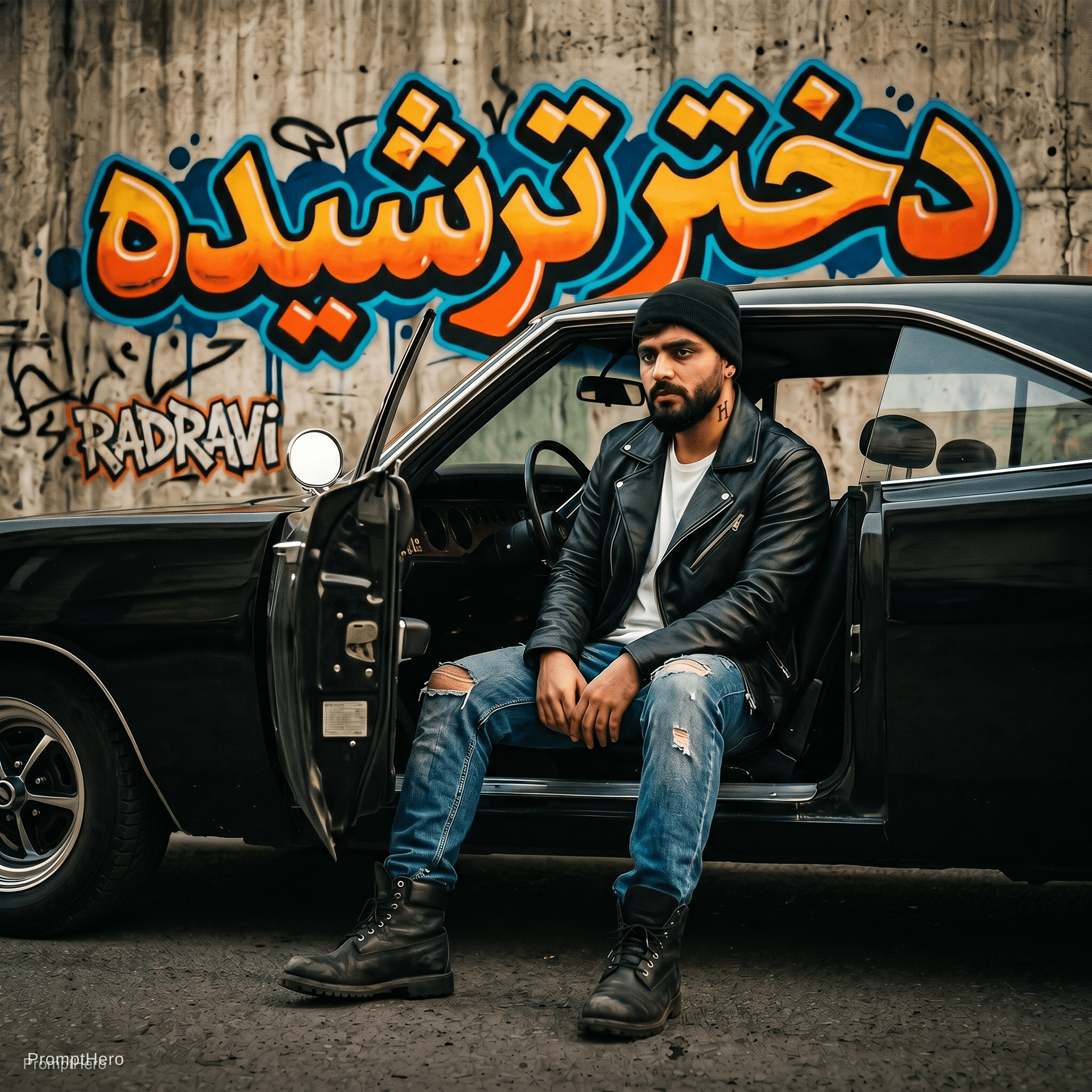 AI generated: Rap cover art for "Sour Girl". A cool male rapper sitting sideways on the driver's seat of a vintage...