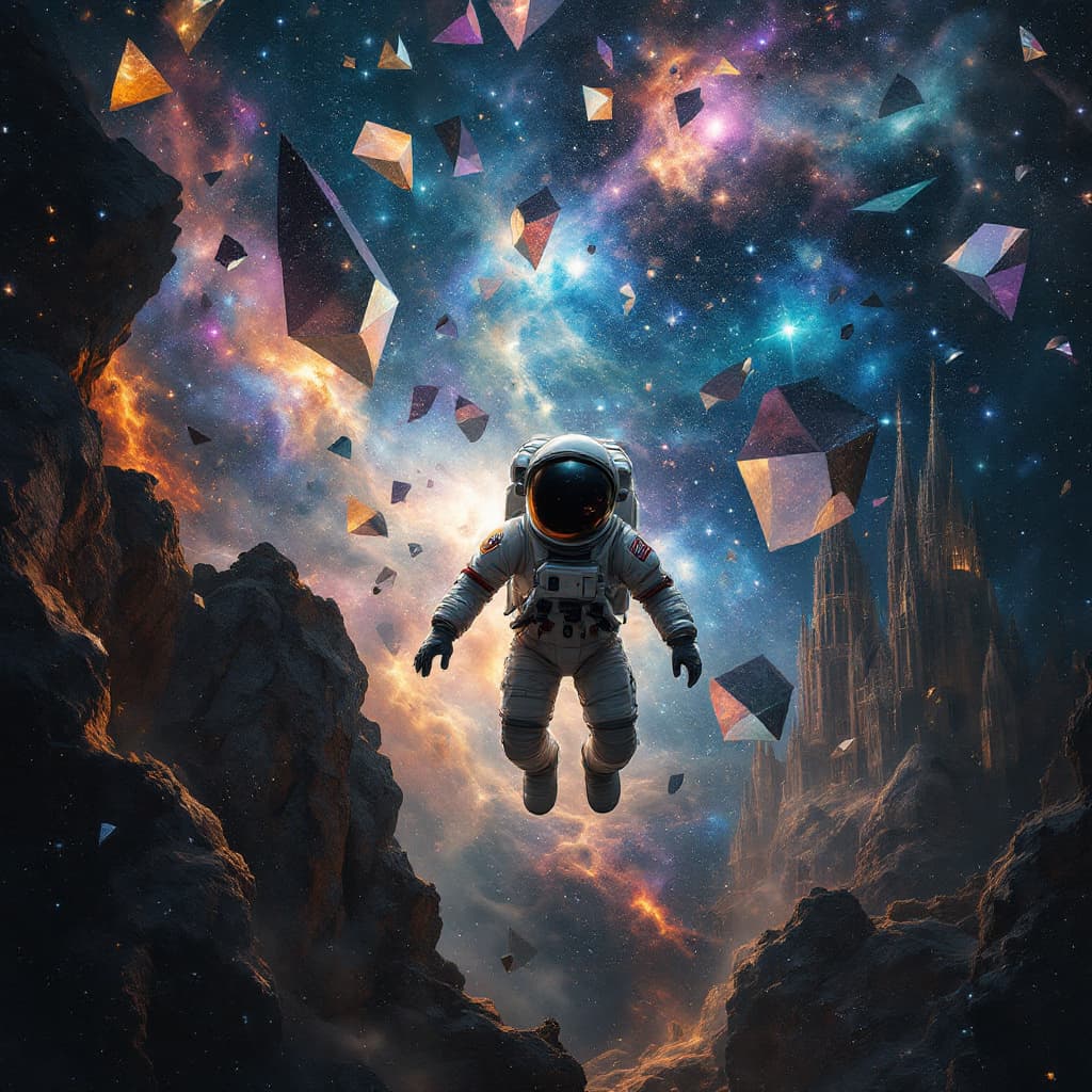 AI generated: *"A lone astronaut floats in the silent void of space, their suit marked by wear and faint symbols o...