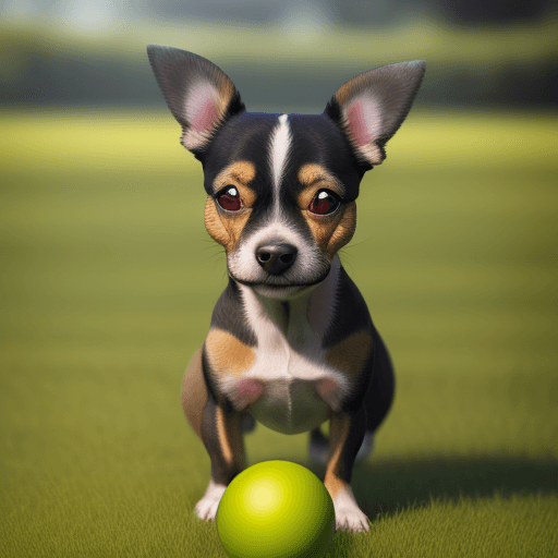 AI generated: a small dog in a green field with a ball, a stock photo by Elke Vogelsang, 4K, Natural Lighting 
