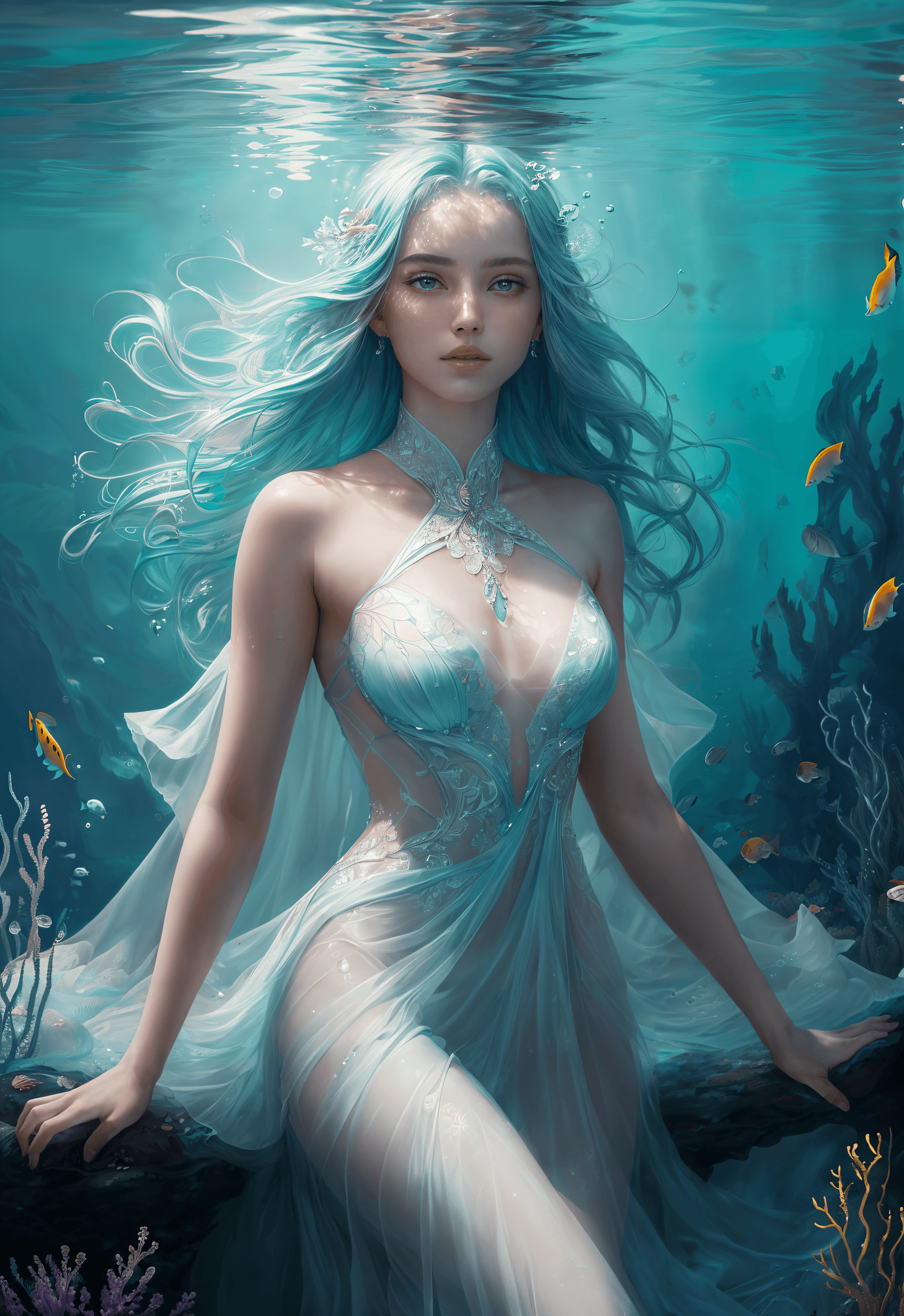 AI generated: (masterpiece, award winning, best quality:1.2) , a beautiful and elegant young maiden Spirit of Wate...