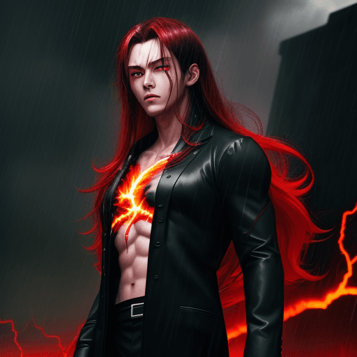 AI generated: anime::2, young god, Boss, in a rainstorm, thunders in background, scary, 4k, insane, red eyes, flam...