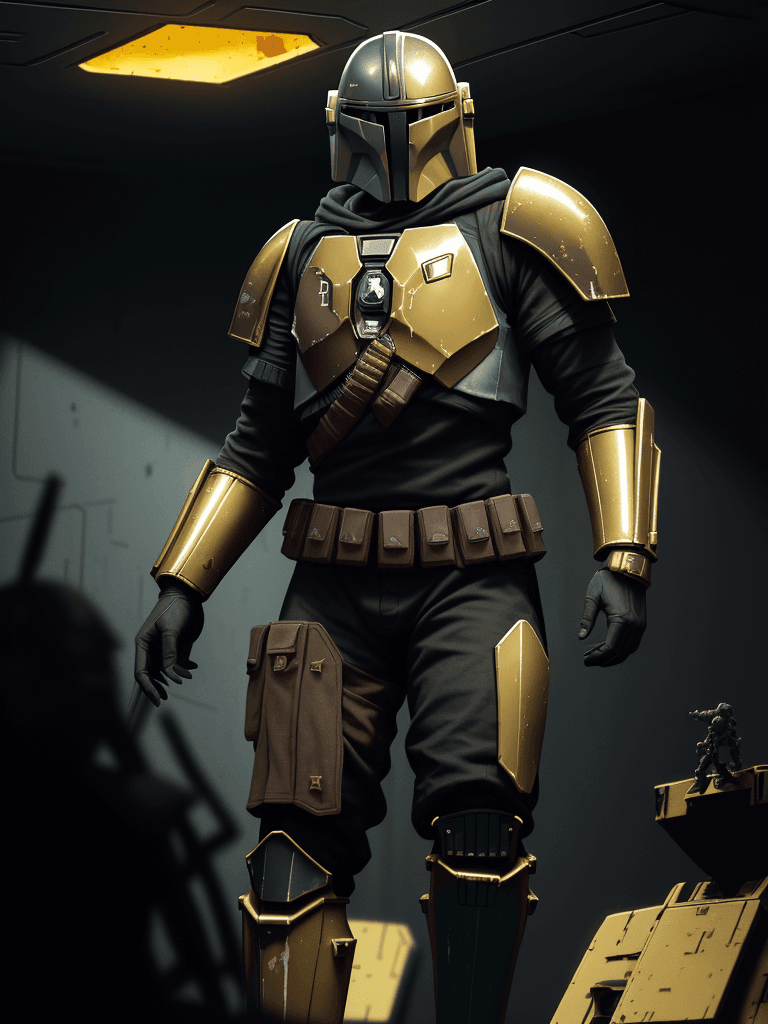 AI generated: A haunting scene of a mandalorian with a golden armor| golden armor(red glowing eyes:1.2)| in a rell...