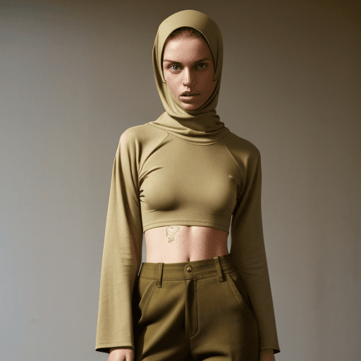 AI generated: High fashion half body photo of a young nubile freckle female supermodel, very thin, abs, with  khak...