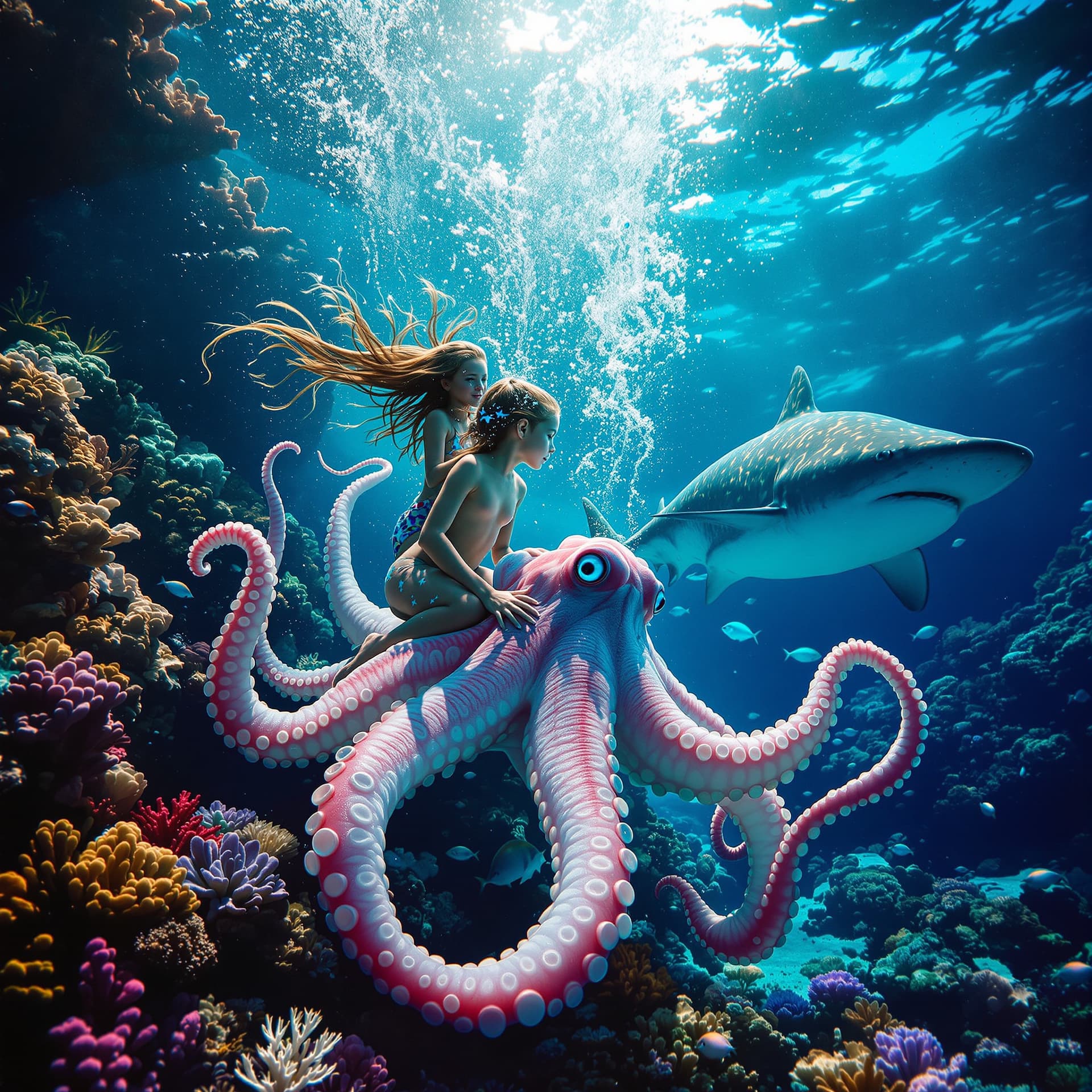 AI generated: Surreal, psychedelic. A young boy and girl with their long hair being pulled by the water current in...