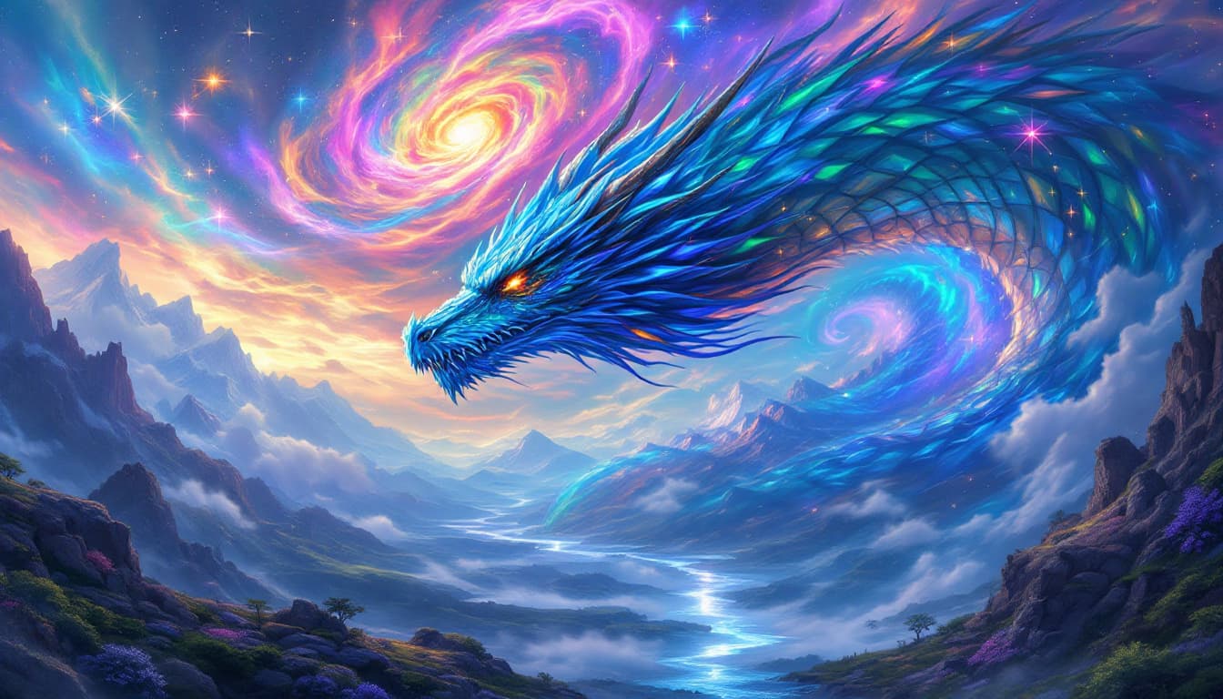 AI generated:  an epic fantasy scene of a mighty dragon soaring through a vibrant, otherworldly landscape. The dra...