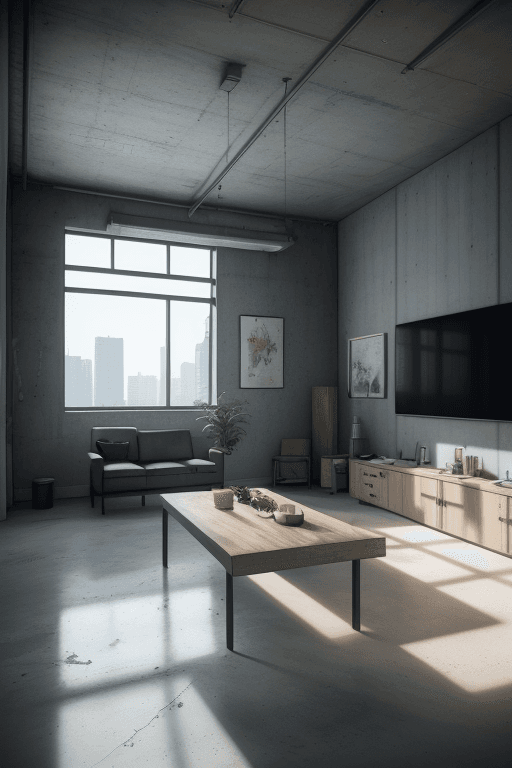 AI generated: social area with living room and table inside a building with a concrete wall and a window, and clos...