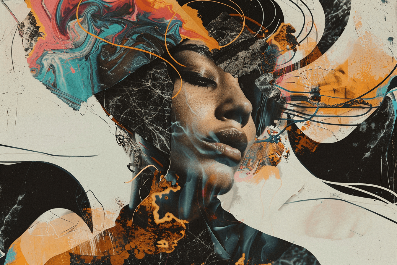 AI generated: digital collage that mix diverse human elements with unique textures, objects, and abstract forms --...